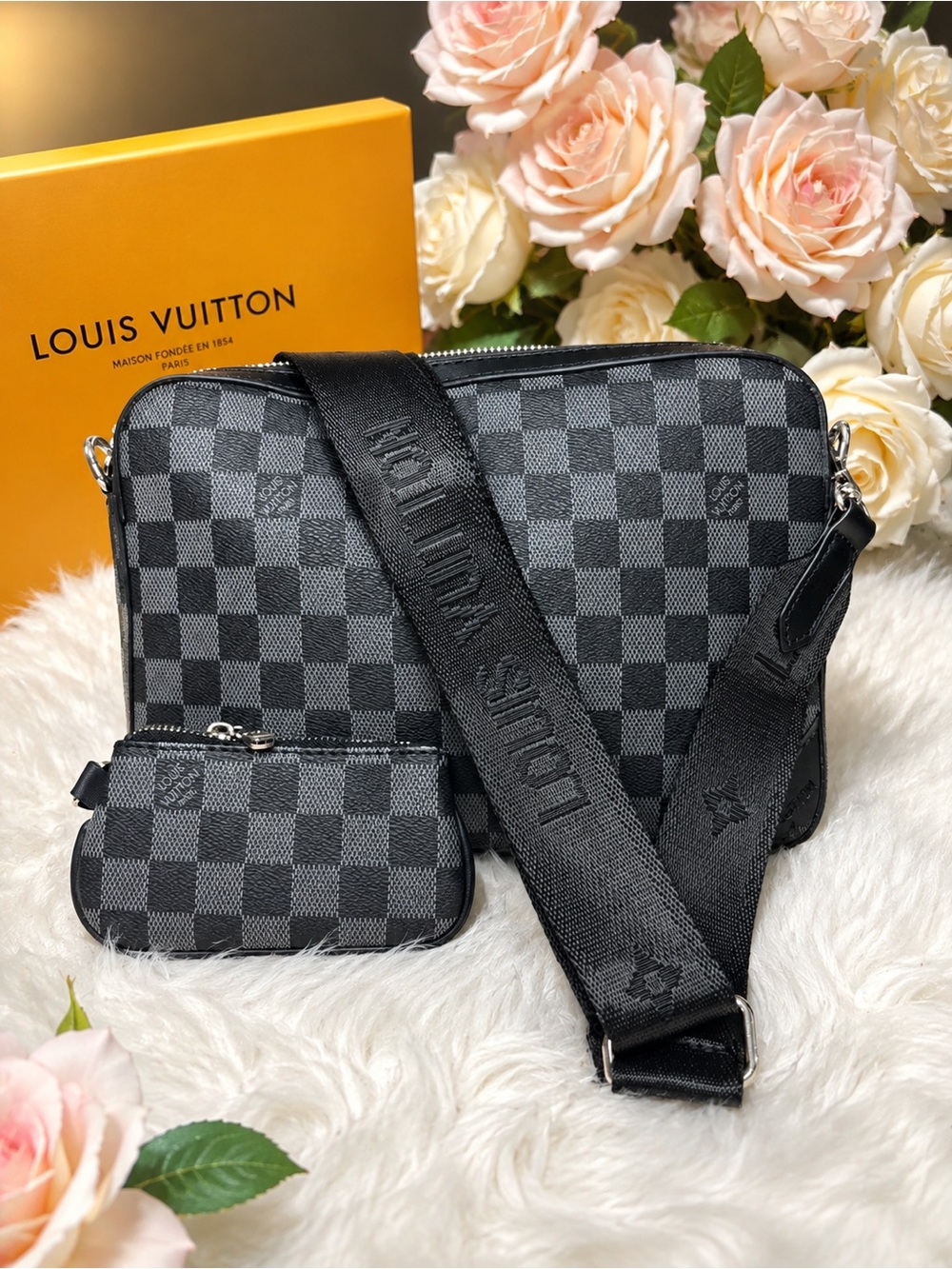 Source  Unknown Black & Gray Checker Messenger Bag with Detachable